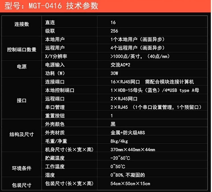MGT-0416一本地4遠程16口矩陣式kvm交換機技術(shù)參數(shù)